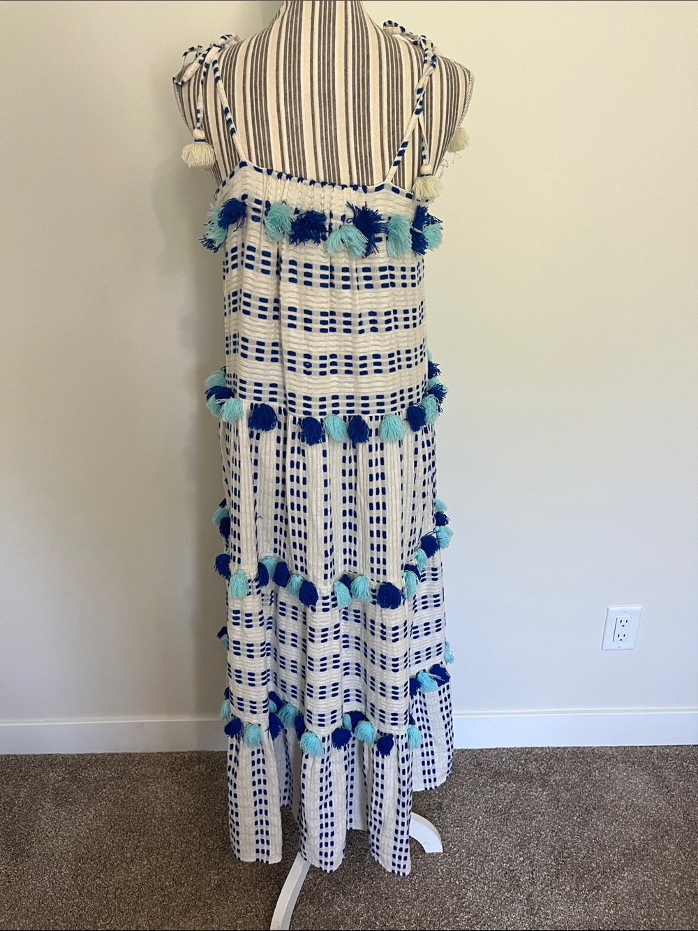 Women's White Maxi Dress with Blue Check and Pom-Pom Trim - Picture 4 of 11
